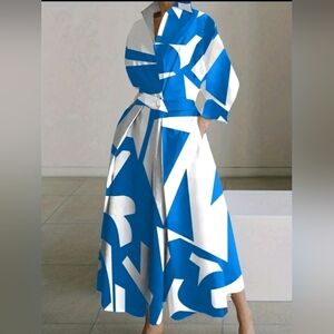 Ladies' Allover Print Lapel Belted Dress With Pockets, Long Sleeve, Summer Maxi